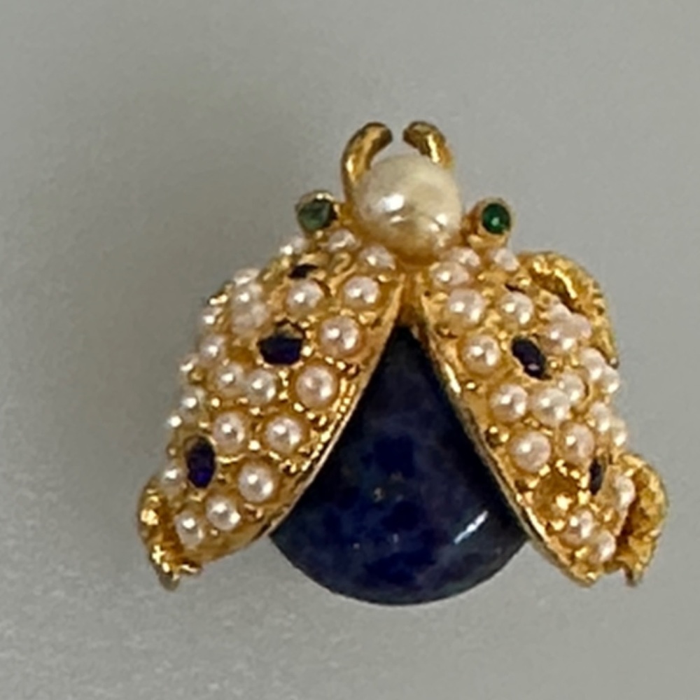 Gold-Tone Pearl & Lapis Stone Ladybug Brooch - Designer Style